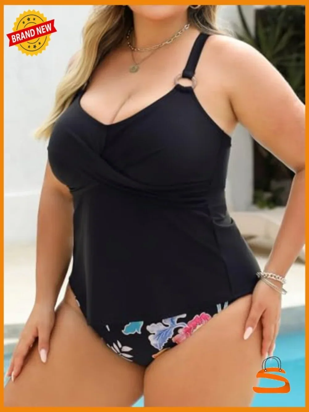 Plus Size Tankini Set V Neck Crisscross Back Tie O Ring